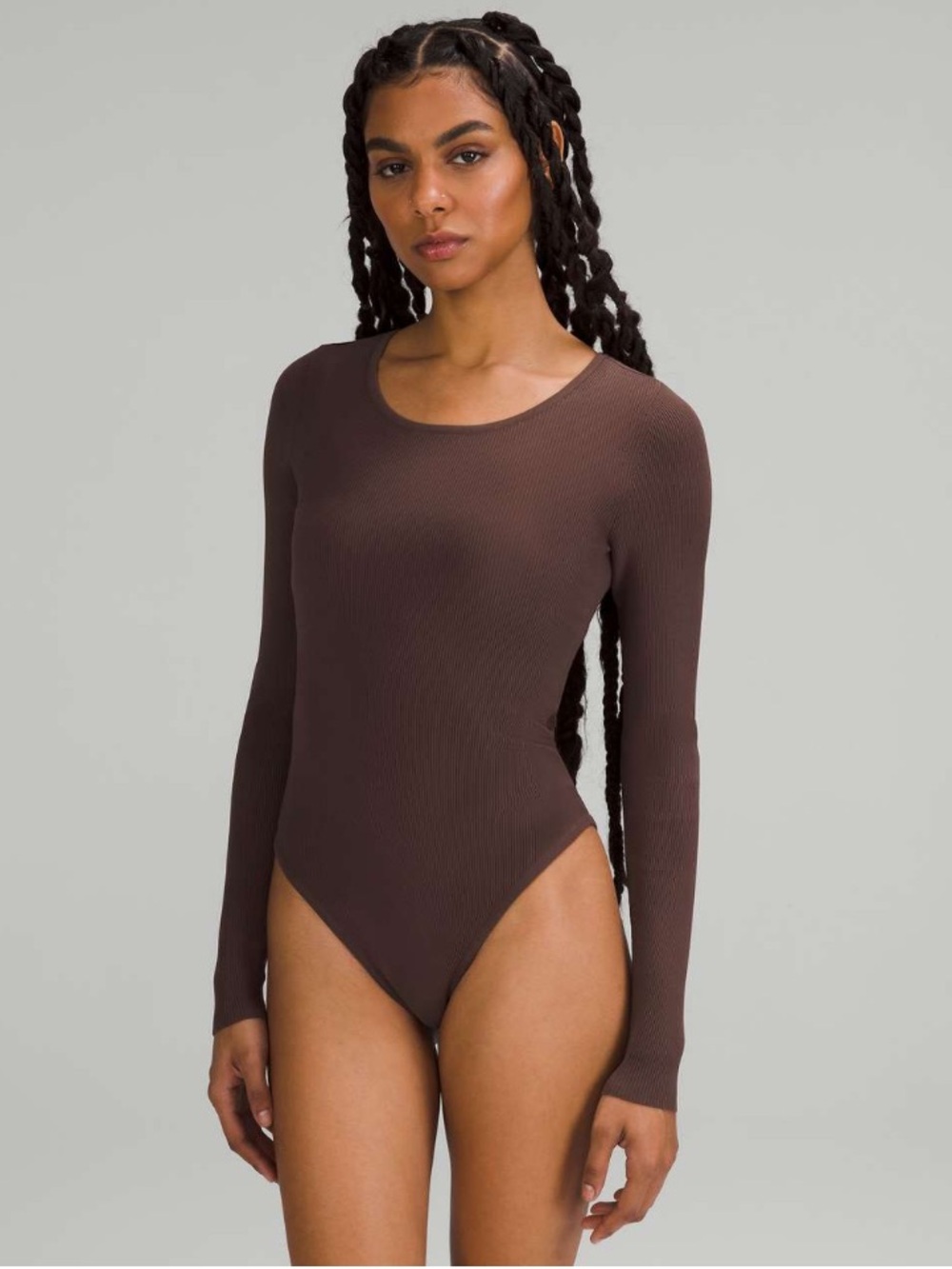 (S) Lululemon Tight-Fit Long-Sleeve Knit Bodysuit Java Brown Small Ribbed Rib